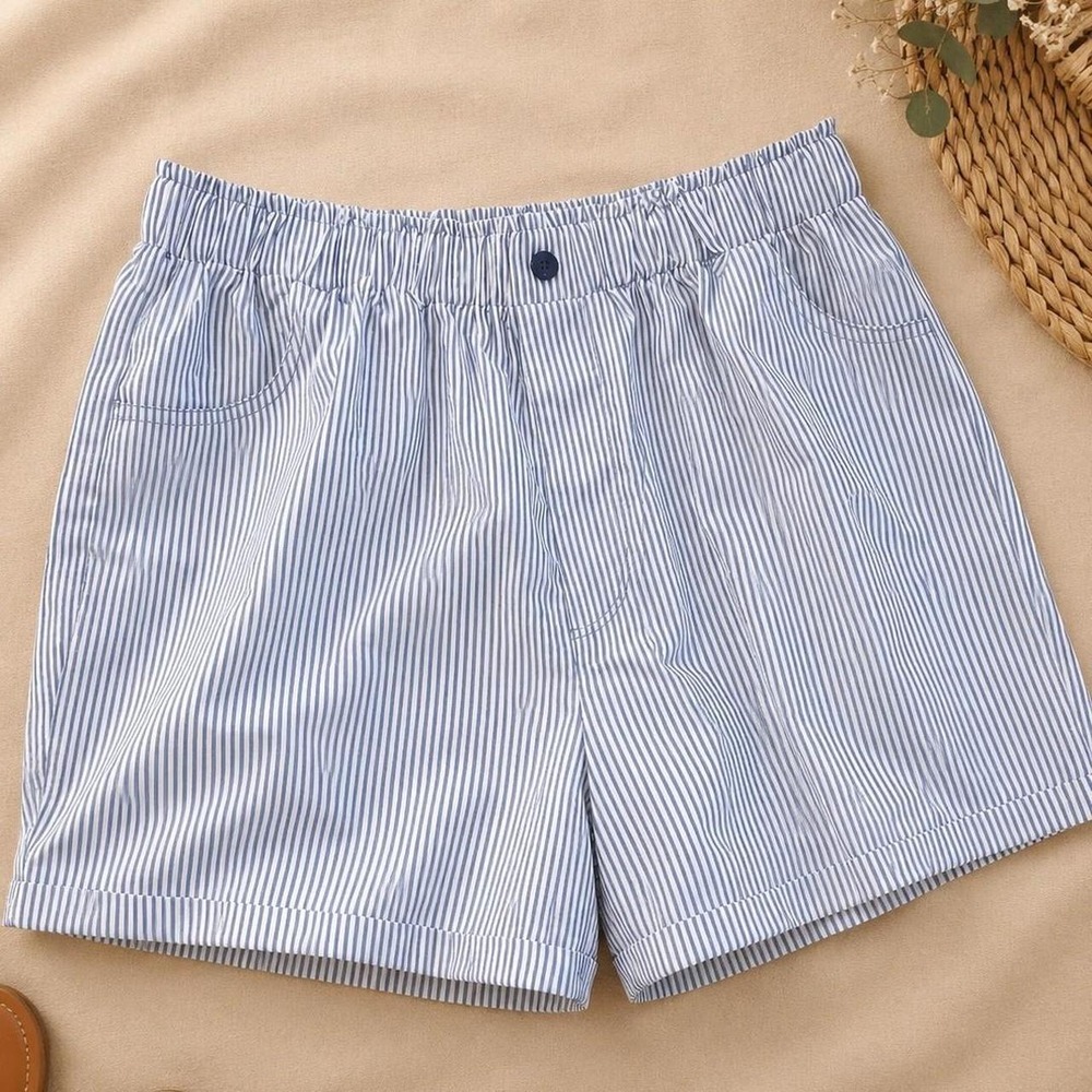 Blue White Striped Elastic Waist Shorts Womens 2XL Casual Cuffed Pockets Summer